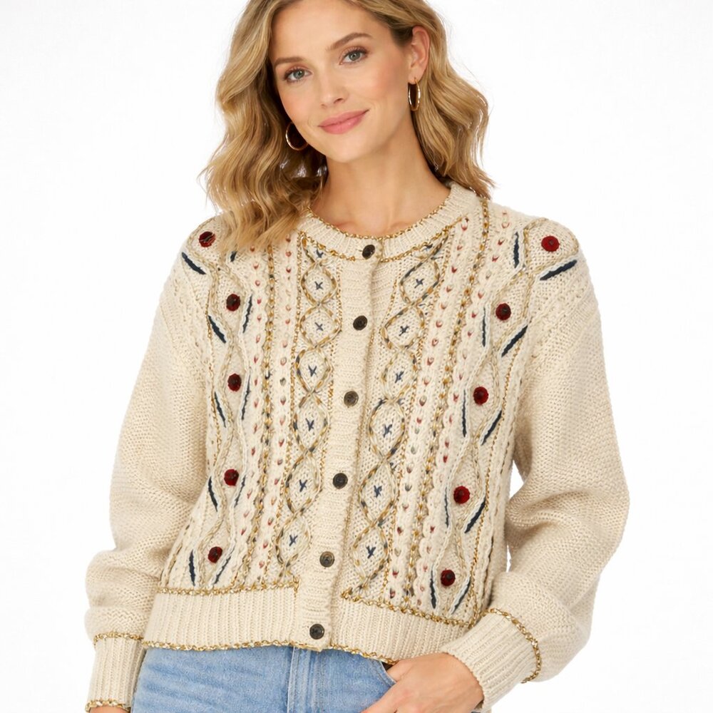 Vintage Bauble Cream Knit Cardigan Sweater Large